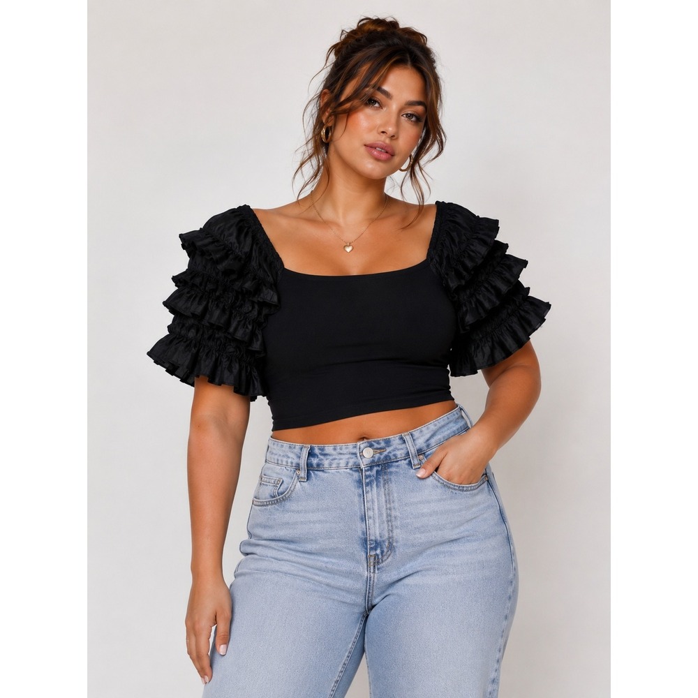 Black Ruffle Sleeve Crop Top Size Large Romantic Goth Y2K